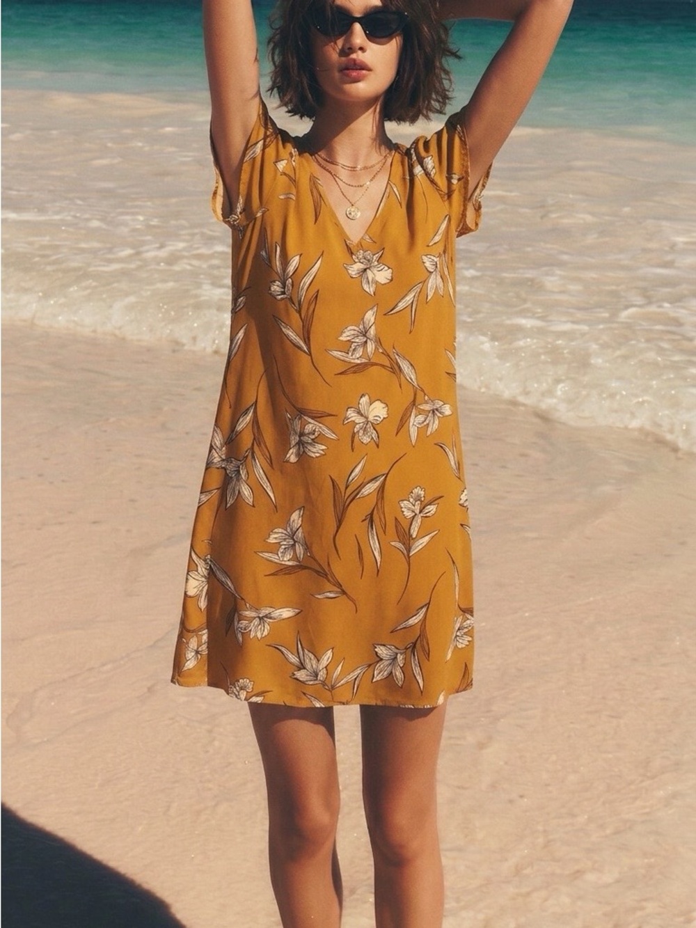 Mustard Floral V‑Neck Dress